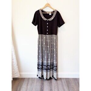 Vintage Mixit Maxi Dress Womens L Black Peter Pan Collar Button Front 90s Y2K